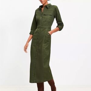 LOFT Olive Green Twill Midi Dress, size 8